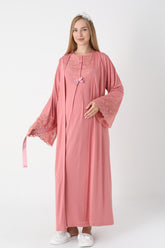 Guipure Collar Maternity-Nursing Nightgown & Lace Sleeve Robe Set Pomegranate Red - 2309