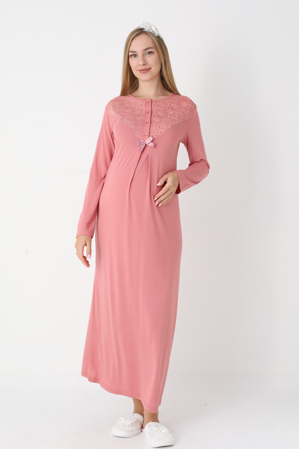 Guipure Collar Maternity-Nursing Nightgown & Lace Sleeve Robe Set Pomegranate Red - 2309