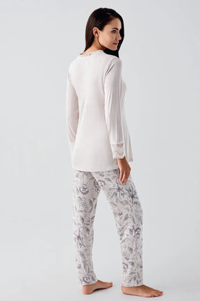 Lace Sleeve 3-Piece Maternity-Nursing Pajama & Flowery Robe Set Powder - 23100