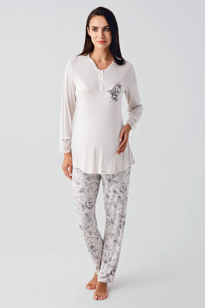 Lace Sleeve 3-Piece Maternity-Nursing Pajama & Flowery Robe Set Powder - 23100