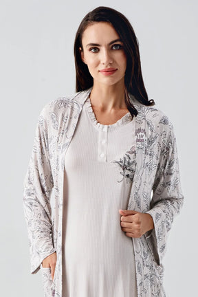 Lace Sleeve 3-Piece Maternity-Nursing Pajama & Flowery Robe Set Powder - 23100