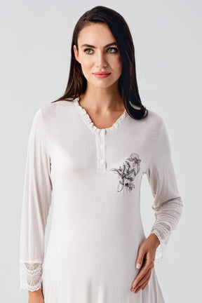 Lace Sleeve 3-Piece Maternity-Nursing Pajama & Flowery Robe Set Powder - 23100