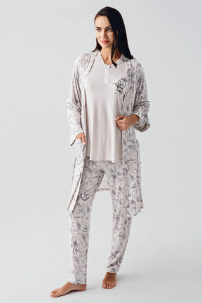 Lace Sleeve 3-Piece Maternity-Nursing Pajama & Flowery Robe Set Powder - 23100
