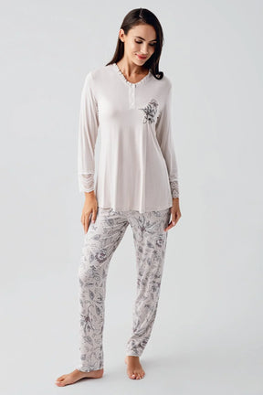 Lace Sleeve 3-Piece Maternity-Nursing Pajama & Flowery Robe Set Powder - 23100