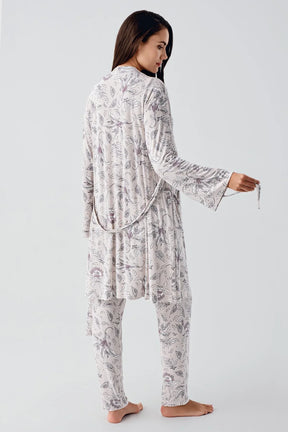 Lace Sleeve 3-Piece Maternity-Nursing Pajama & Flowery Robe Set Powder - 23100