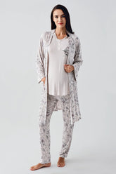 Lace Sleeve 3-Piece Maternity-Nursing Pajama & Flowery Robe Set Powder - 23100