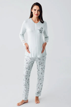 Lace Sleeve 3-Piece Maternity-Nursing Pajama & Flowery Robe Set Green - 23100
