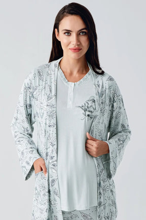 Lace Sleeve 3-Piece Maternity-Nursing Pajama & Flowery Robe Set Green - 23100