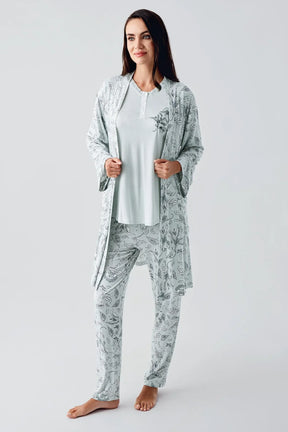 Lace Sleeve 3-Piece Maternity-Nursing Pajama & Flowery Robe Set Green - 23100