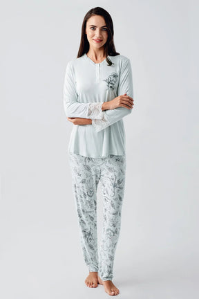 Lace Sleeve 3-Piece Maternity-Nursing Pajama & Flowery Robe Set Green - 23100