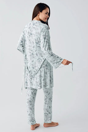 Lace Sleeve 3-Piece Maternity-Nursing Pajama & Flowery Robe Set Green - 23100