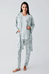 Lace Sleeve 3-Piece Maternity-Nursing Pajama & Flowery Robe Set Green - 23100