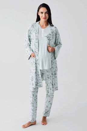 Lace Sleeve 3-Piece Maternity-Nursing Pajama & Flowery Robe Set Green - 23100