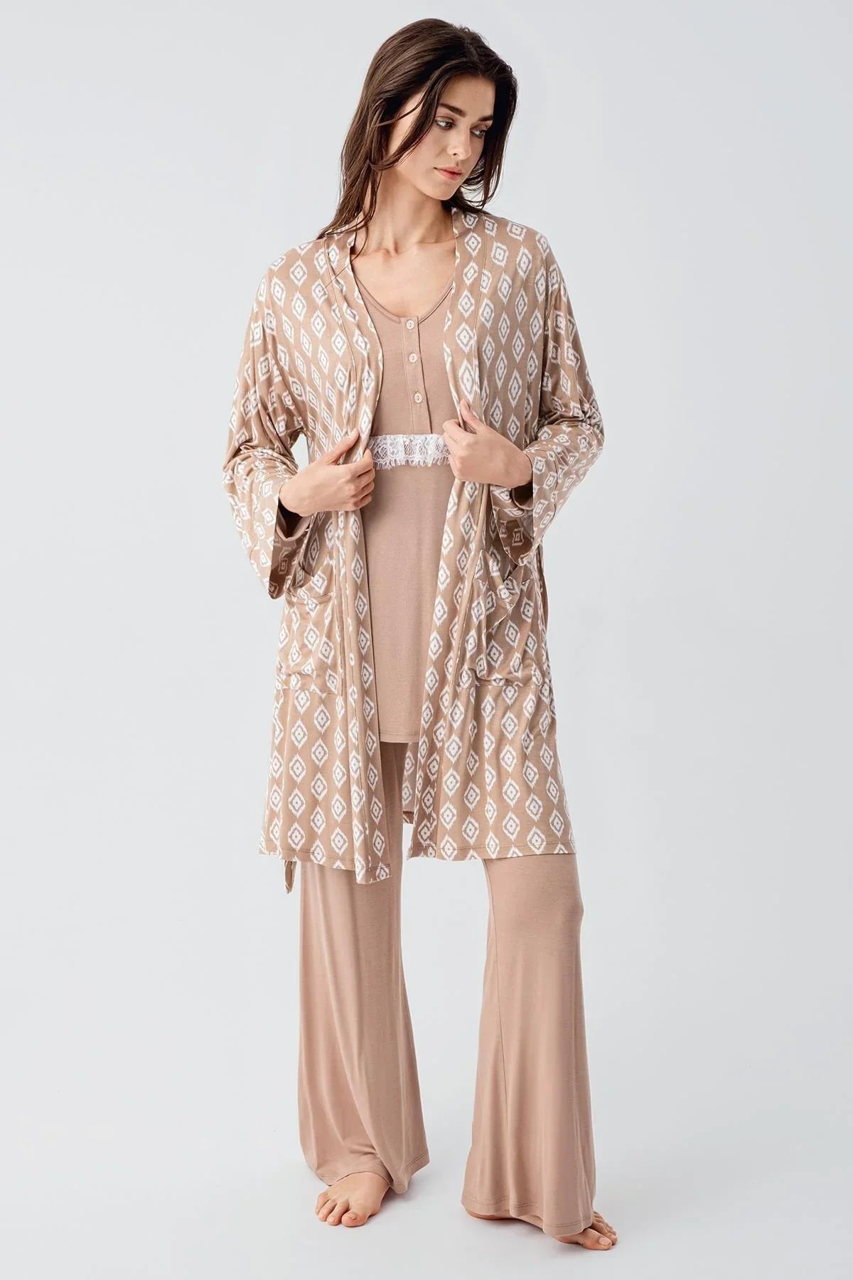 Lacy 3-Piece Maternity Feeding-Friendly Pajama & Patterned Robe Set Beige - S23101