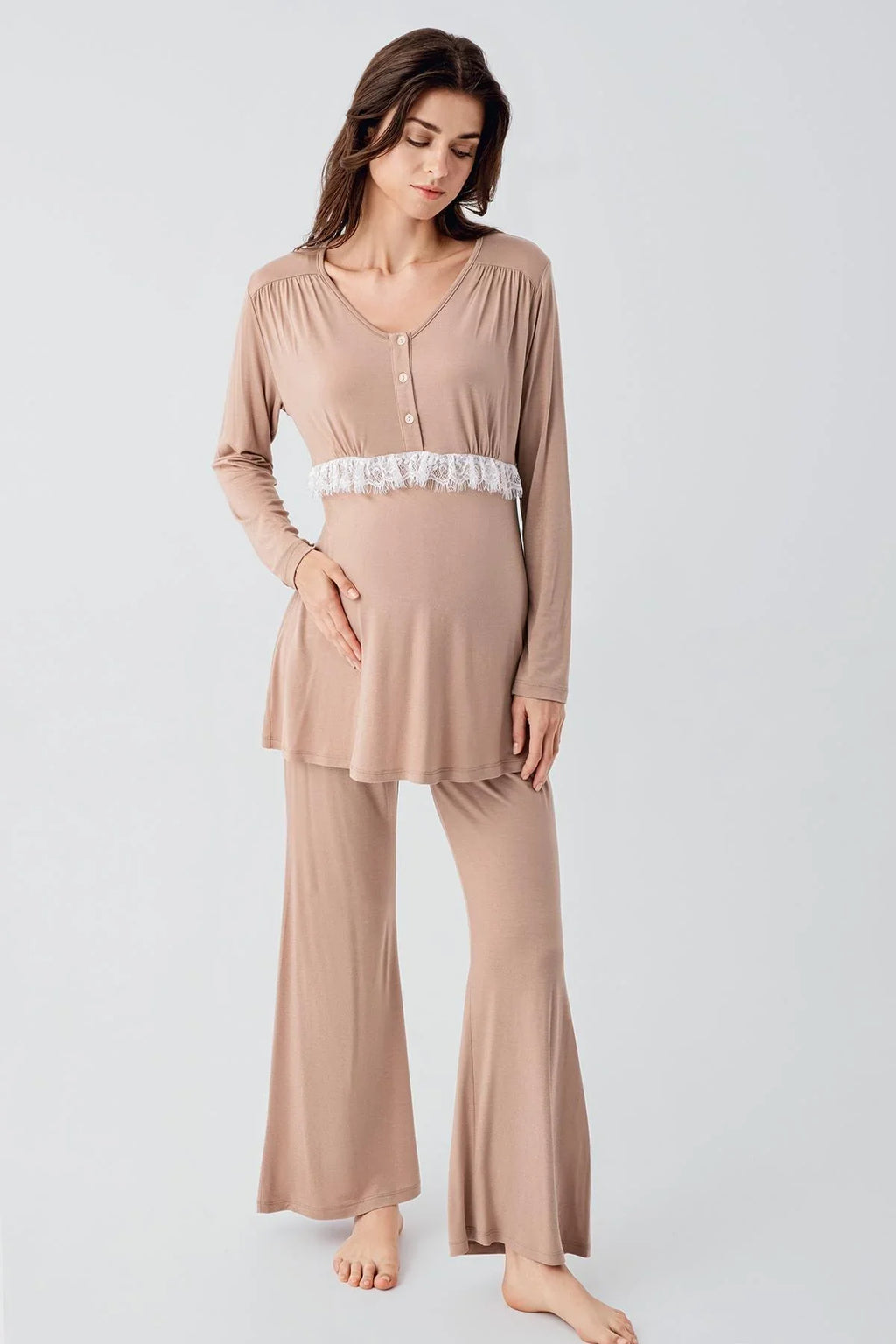 Lacy 3-Piece Maternity Feeding-Friendly Pajama & Patterned Robe Set Beige - S23101