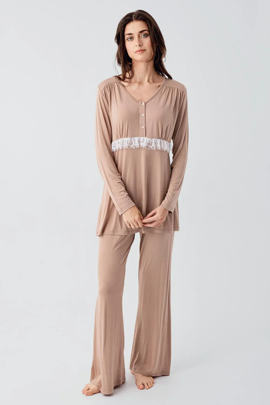 Lacy 3-Piece Maternity Feeding-Friendly Pajama & Patterned Robe Set Beige - S23101