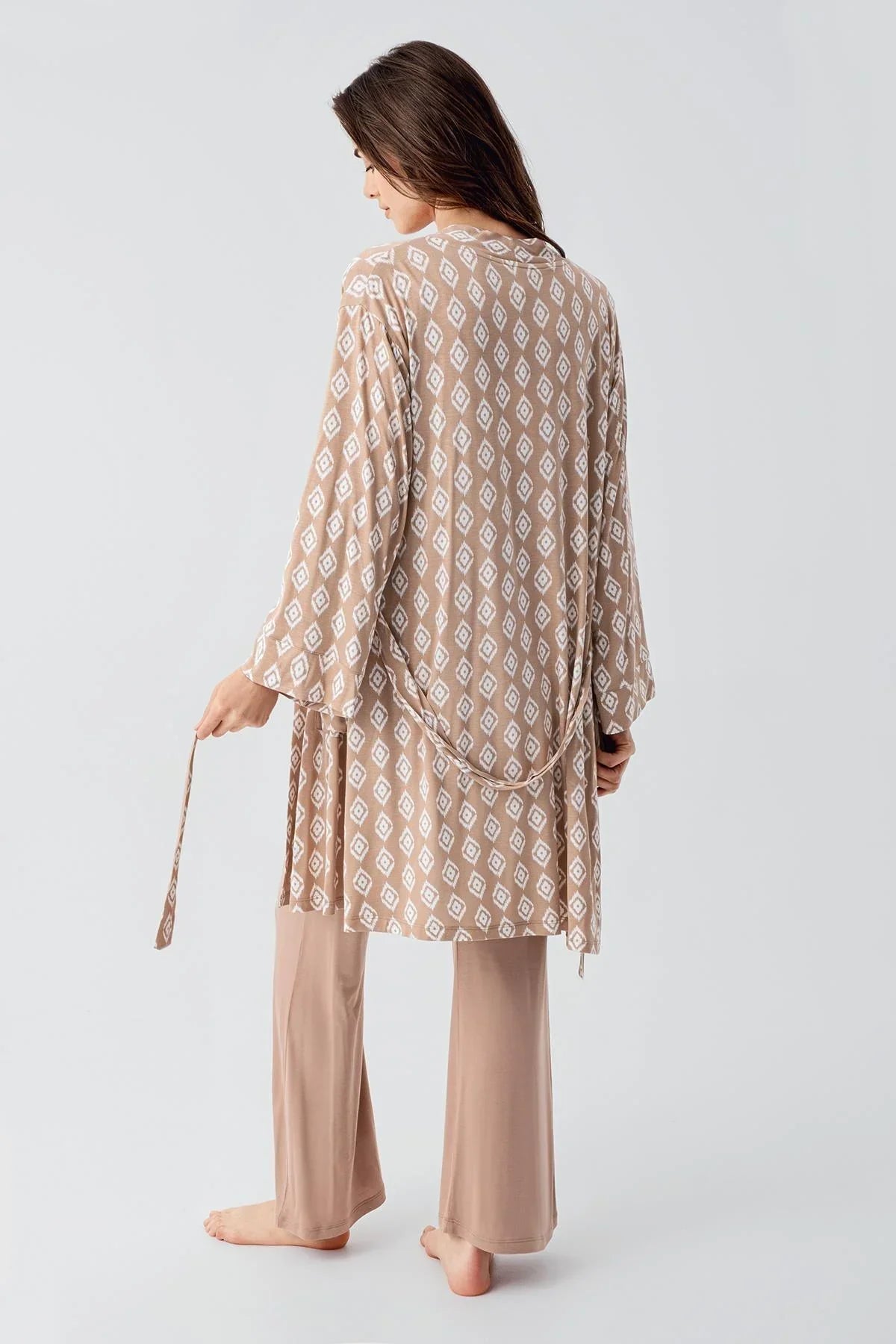 Lacy 3-Piece Maternity Feeding-Friendly Pajama & Patterned Robe Set Beige - S23101