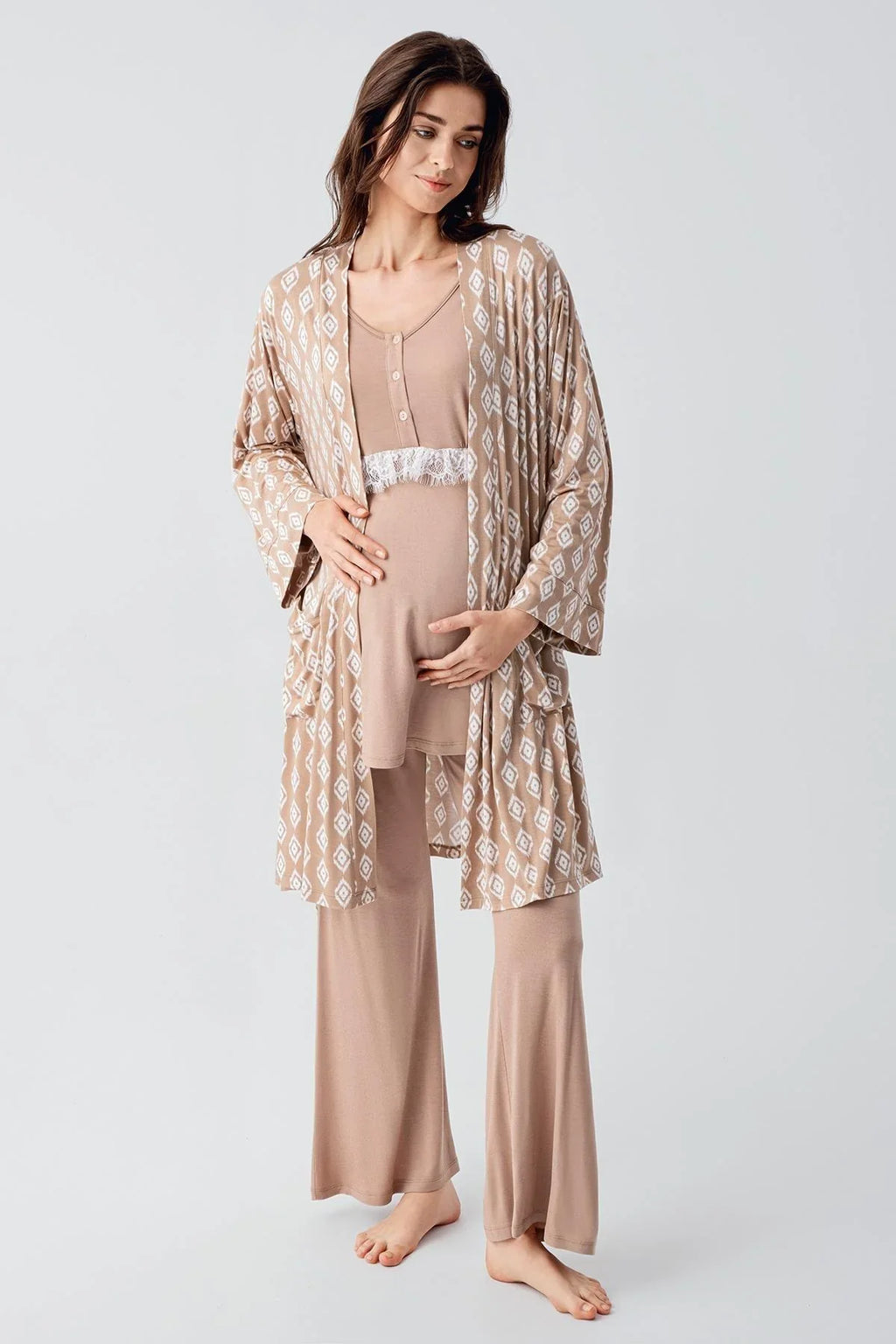 Lacy 3-Piece Maternity Feeding-Friendly Pajama & Patterned Robe Set Beige - S23101