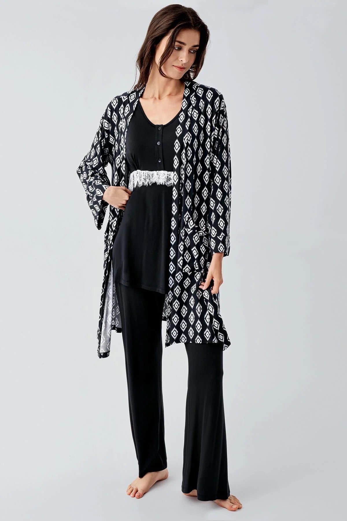 Lacy 3-Piece Maternity Feeding-Friendly Pajama & Patterned Robe Set Black - S23101
