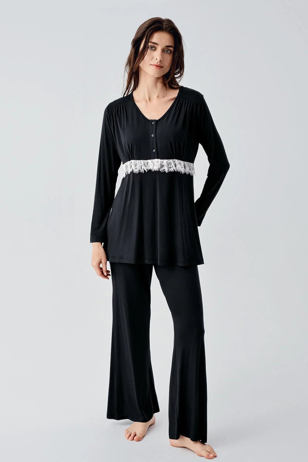 Lacy 3-Piece Maternity Feeding-Friendly Pajama & Patterned Robe Set Black - S23101