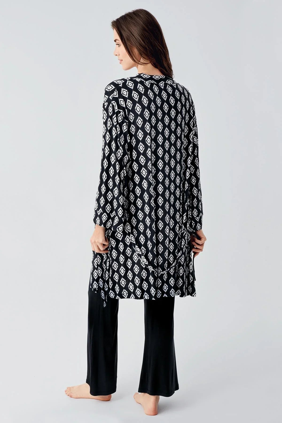 Lacy 3-Piece Maternity Feeding-Friendly Pajama & Patterned Robe Set Black - S23101