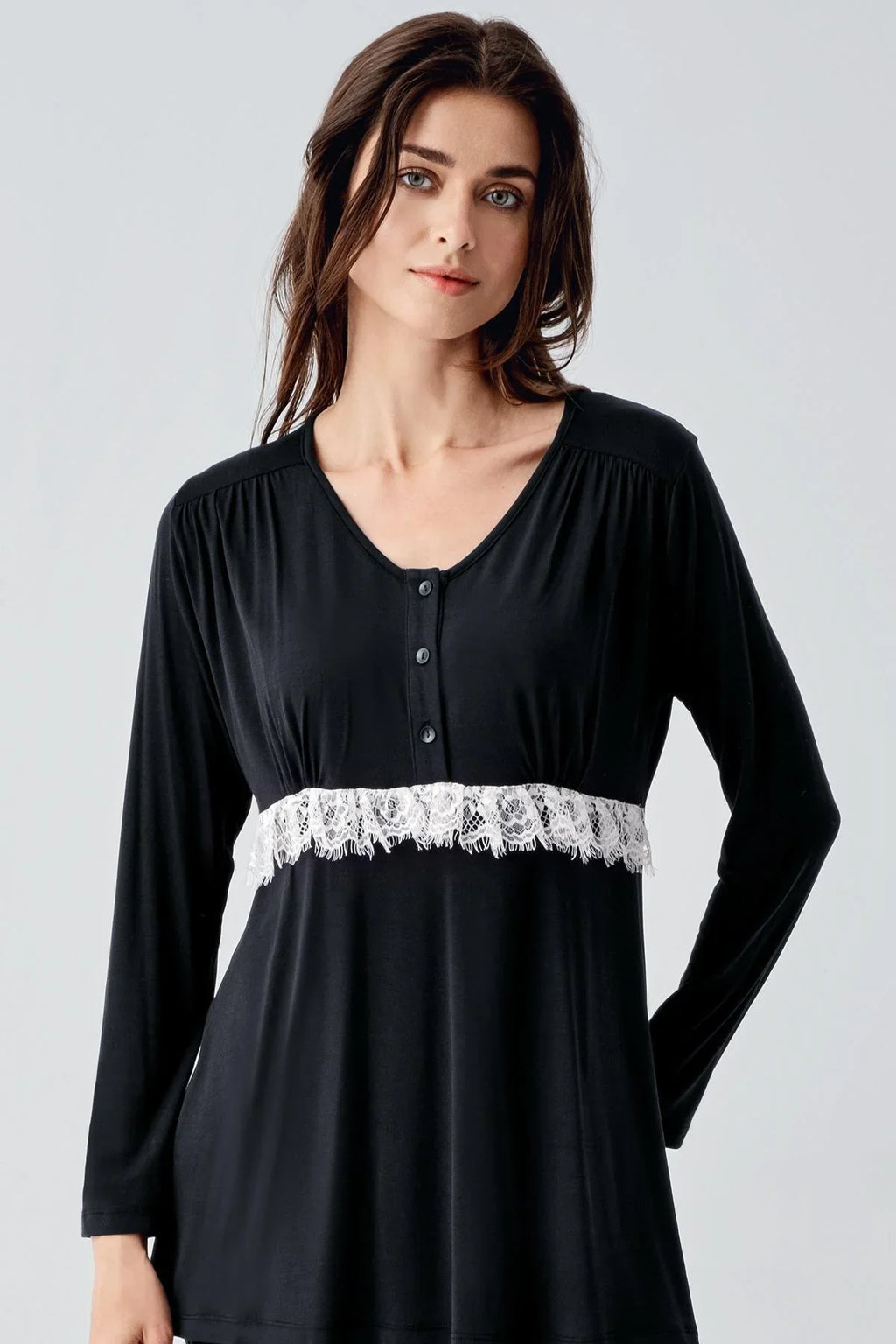 Lacy 3-Piece Maternity Feeding-Friendly Pajama & Patterned Robe Set Black - S23101