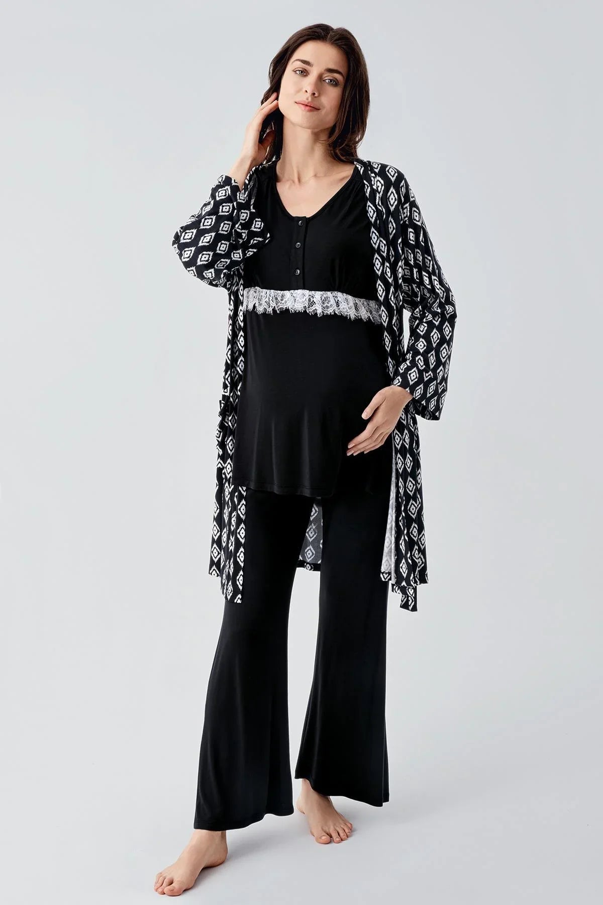 Lacy 3-Piece Maternity-Nursing Pajama & Patterned Robe Set Black - 23101