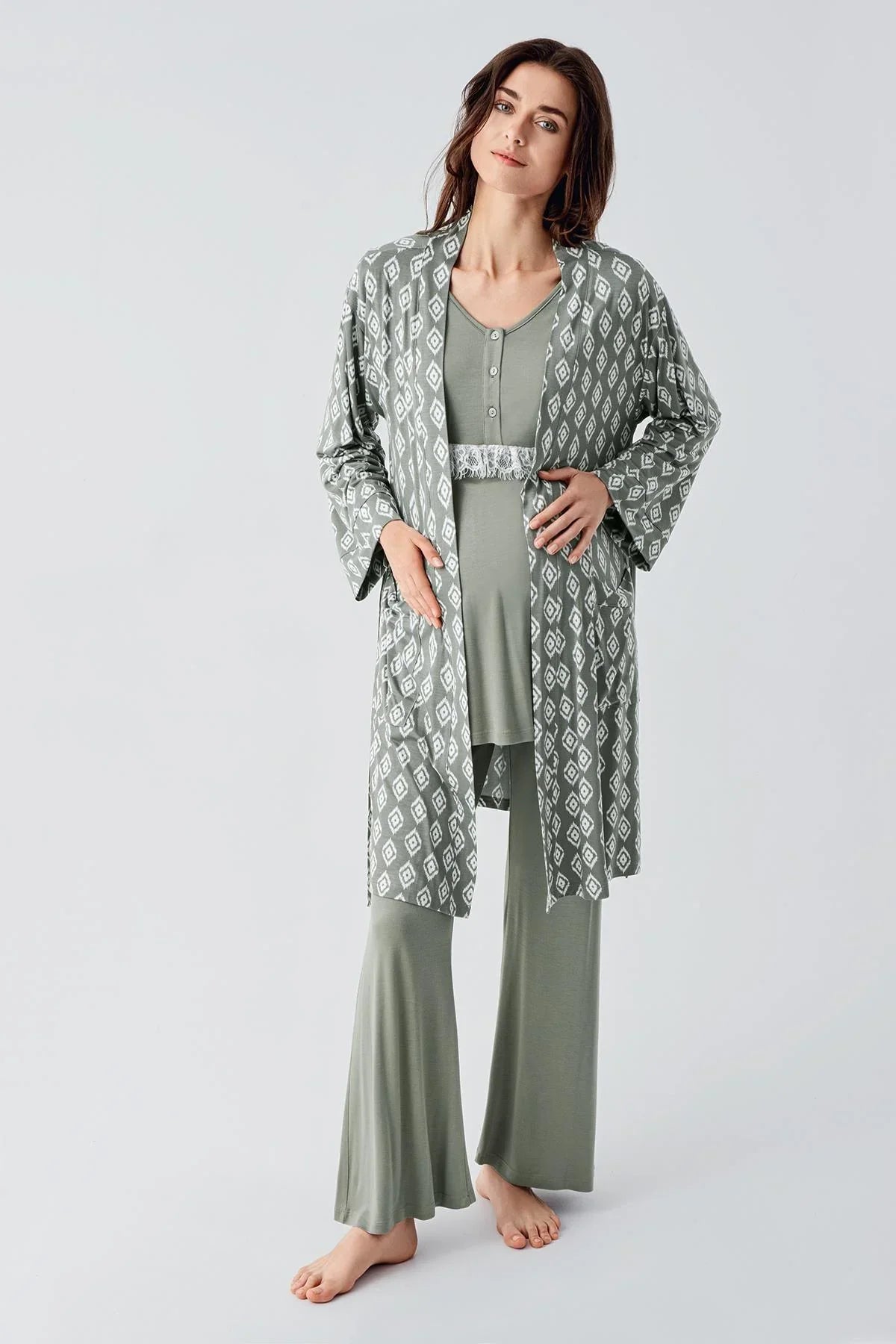 Lacy 3-Piece Maternity Feeding-Friendly Pajama & Patterned Robe Set Green - S23101