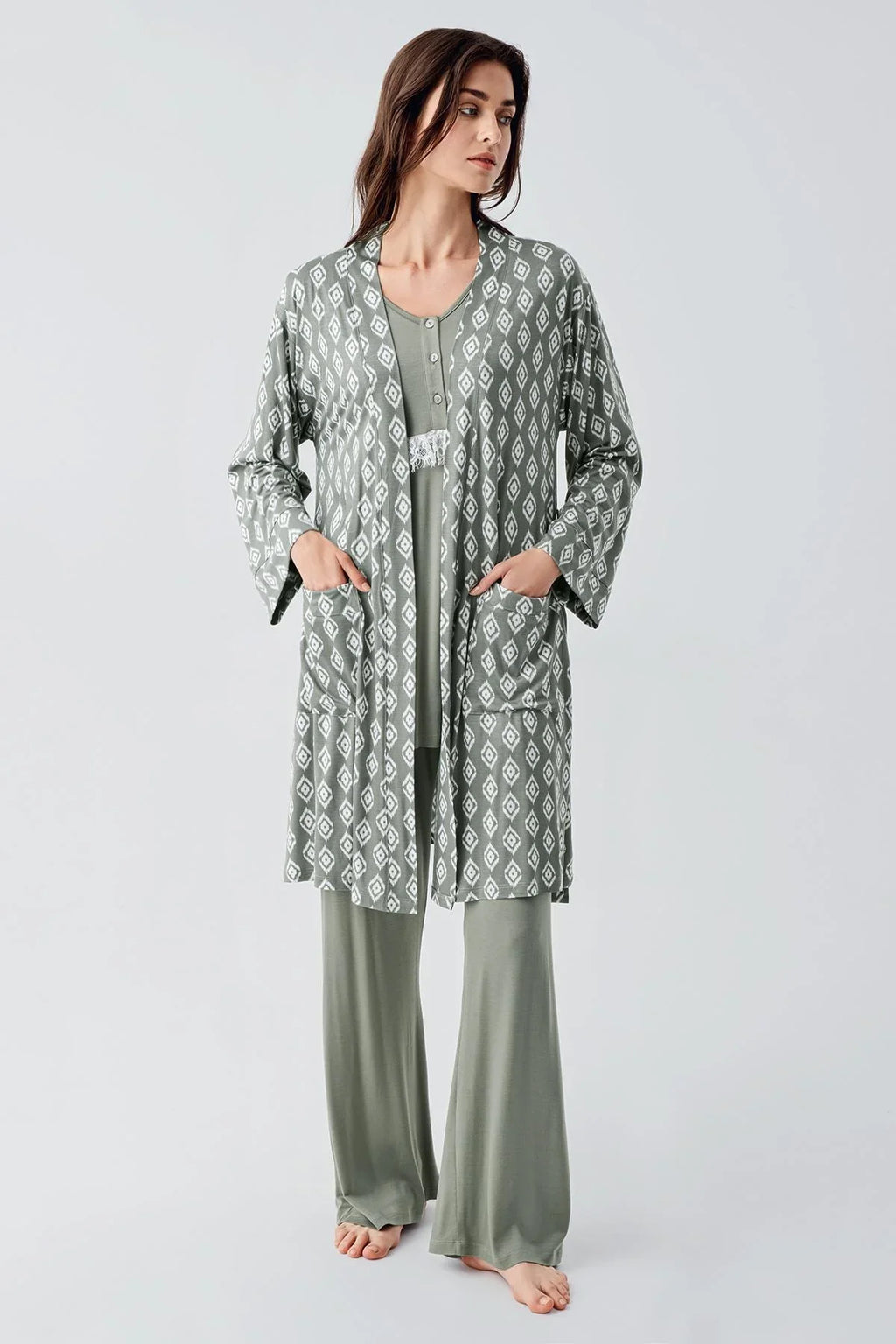 Lacy 3-Piece Maternity Feeding-Friendly Pajama & Patterned Robe Set Green - S23101