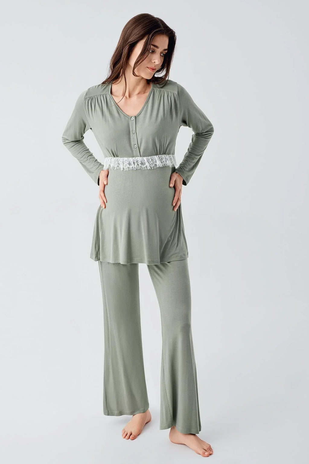 Lacy 3-Piece Maternity Feeding-Friendly Pajama & Patterned Robe Set Green - S23101