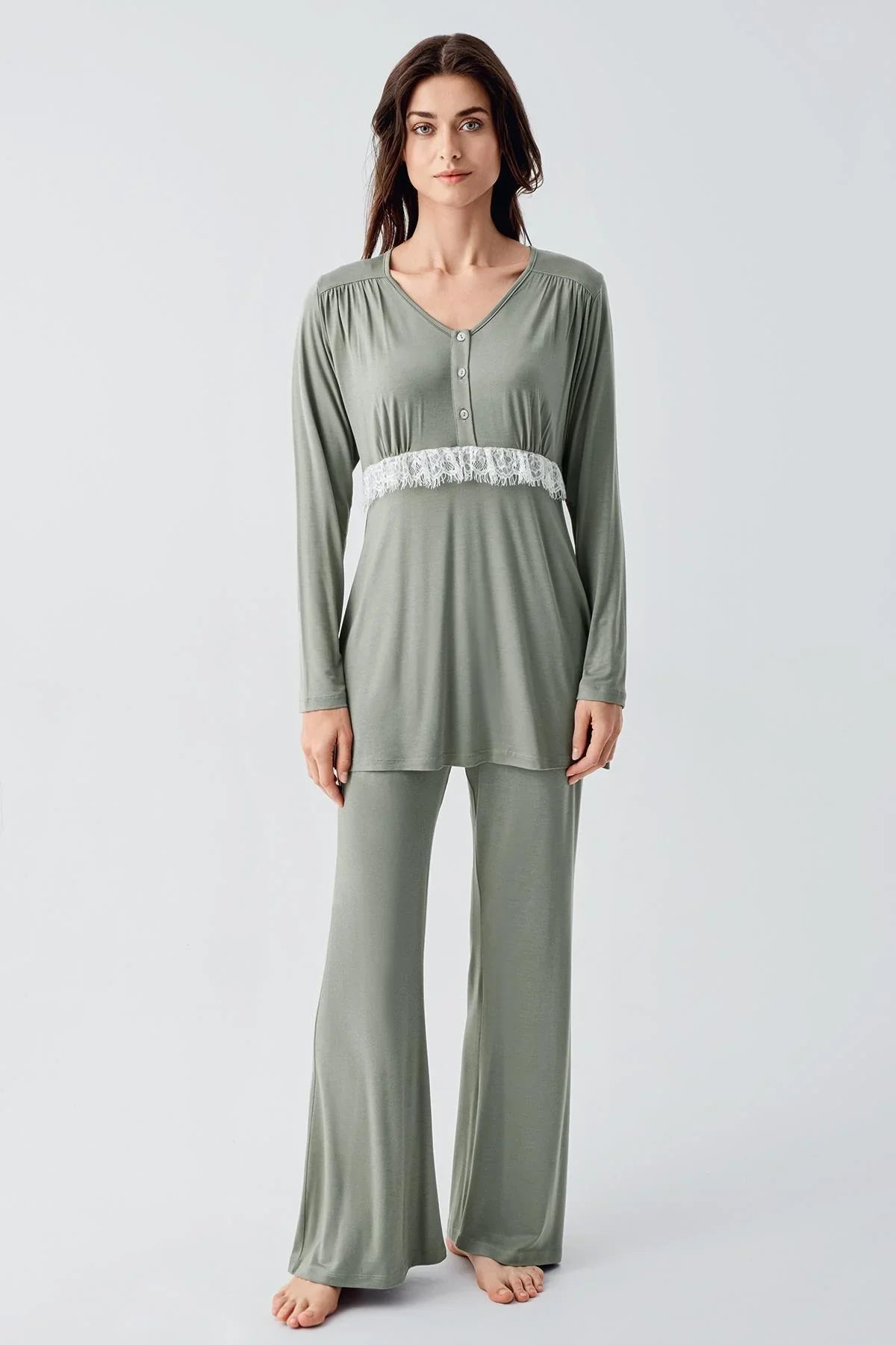 Lacy 3-Piece Maternity Feeding-Friendly Pajama & Patterned Robe Set Green - S23101