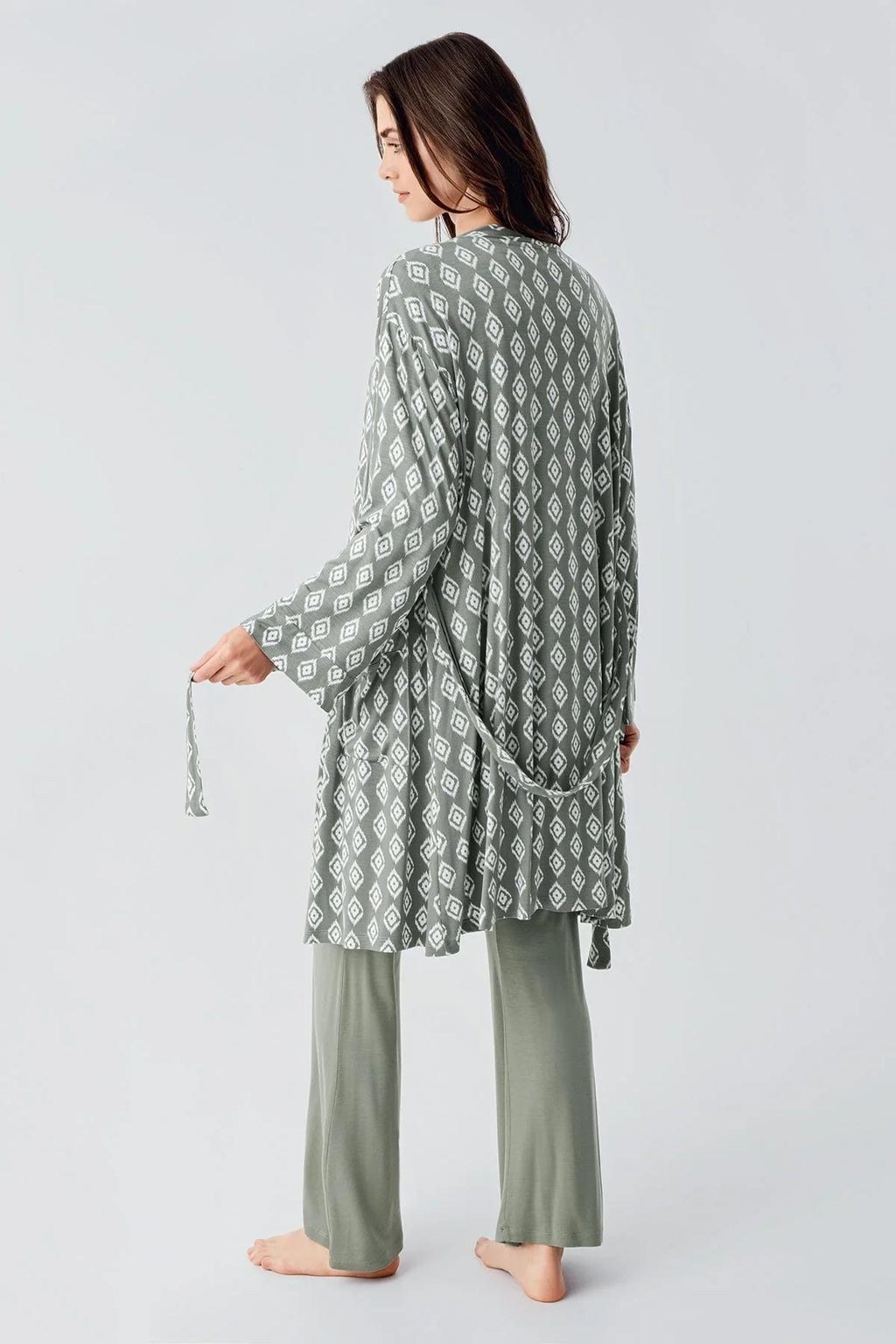 Lacy 3-Piece Maternity Feeding-Friendly Pajama & Patterned Robe Set Green - S23101