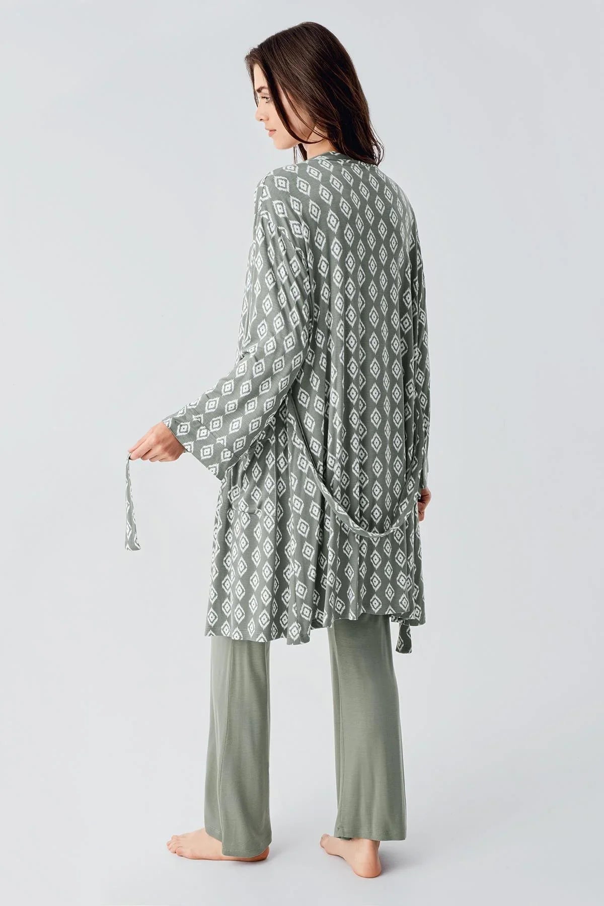 Lacy 3-Piece Maternity Feeding-Friendly Pajama & Patterned Robe Set Green - S23101