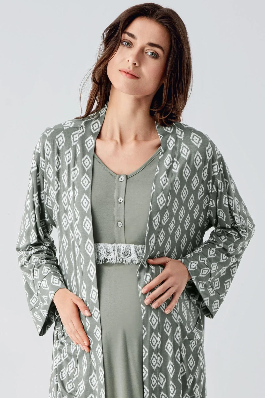 Lacy 3-Piece Maternity Feeding-Friendly Pajama & Patterned Robe Set Green - S23101