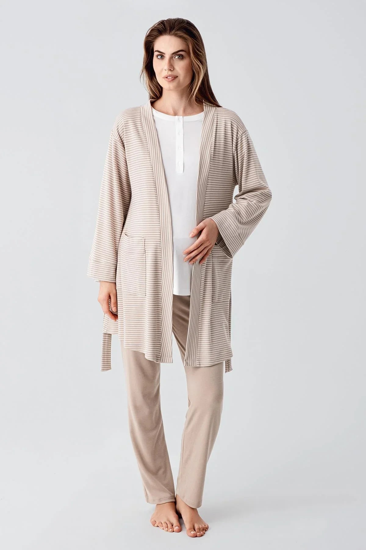 Striped Ruffled 3-Piece Maternity Feeding-Friendly Pajama & Robe Set Beige - S23103