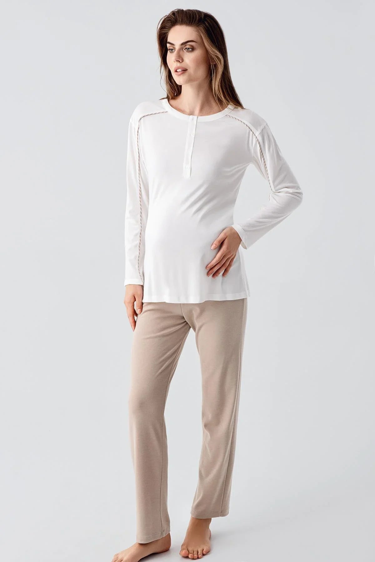 Striped Ruffled 3-Piece Maternity Feeding-Friendly Pajama & Robe Set Beige - S23103