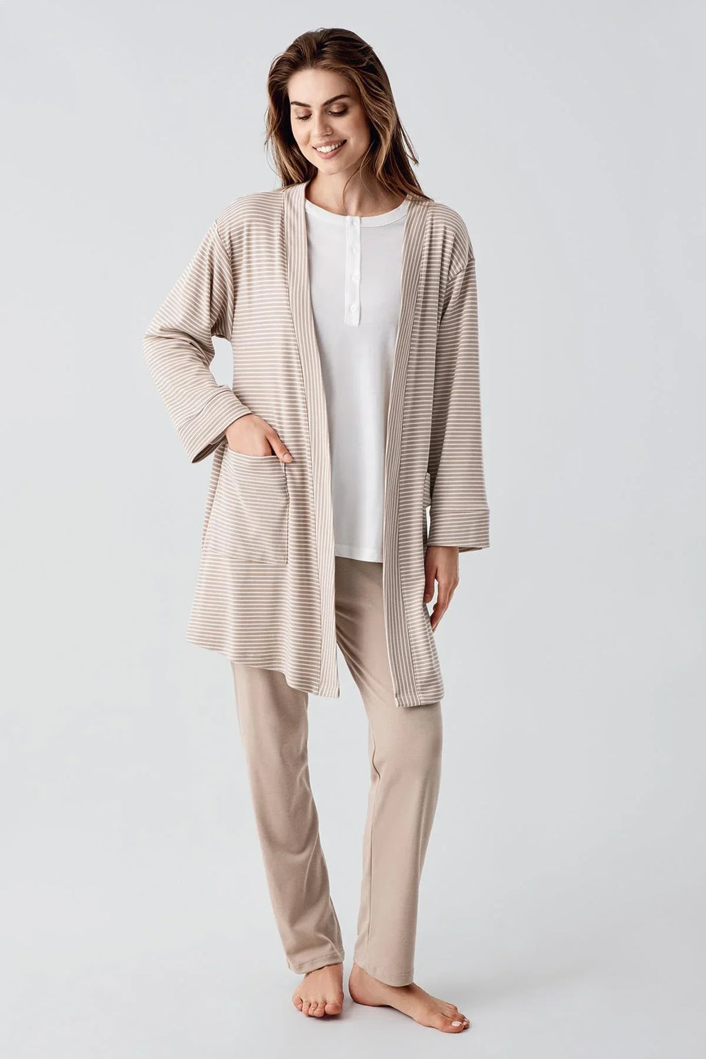 Striped Ruffled 3-Piece Maternity Feeding-Friendly Pajama & Robe Set Beige - S23103