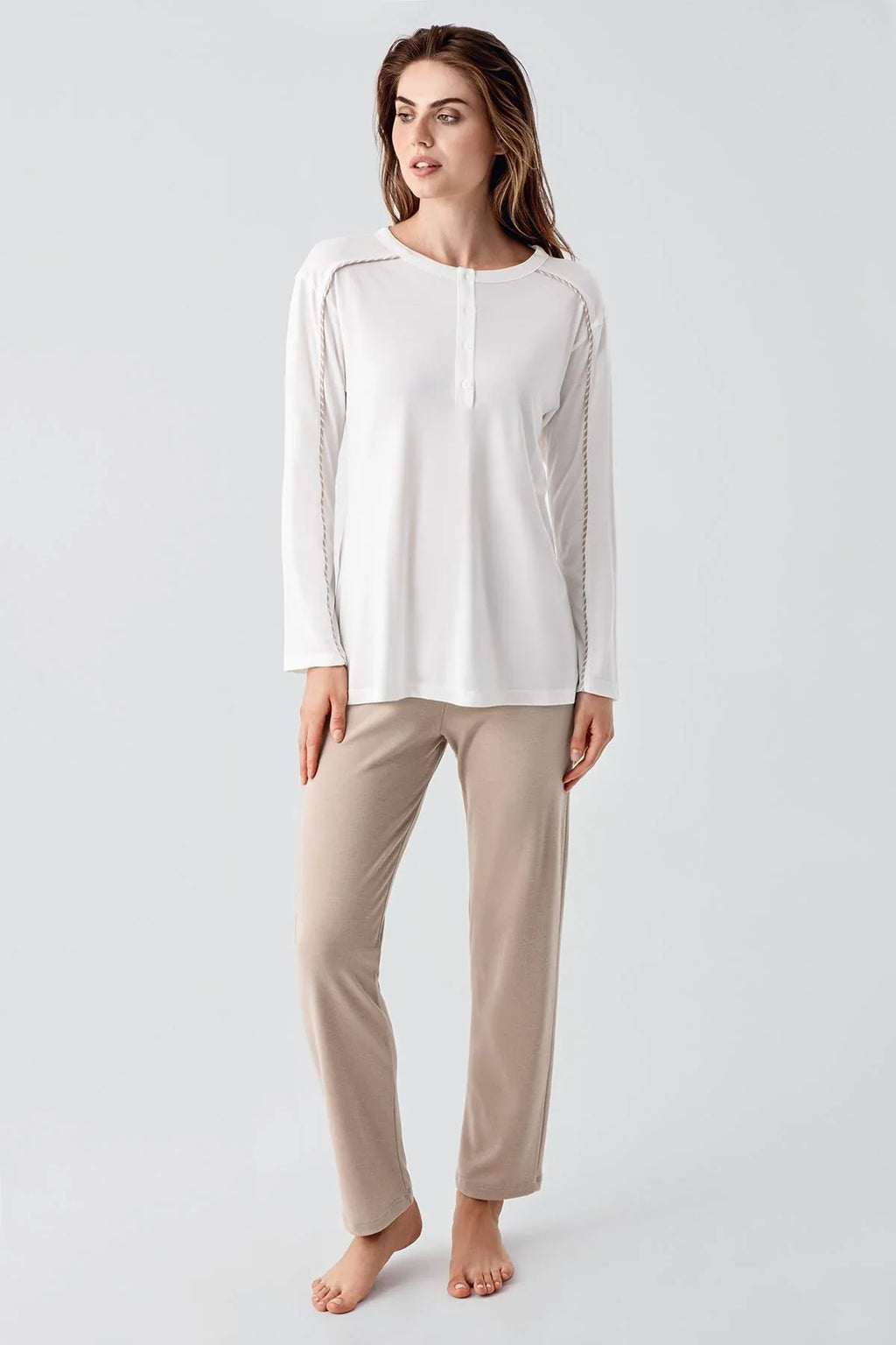 Striped Ruffled 3-Piece Maternity Feeding-Friendly Pajama & Robe Set Beige - S23103