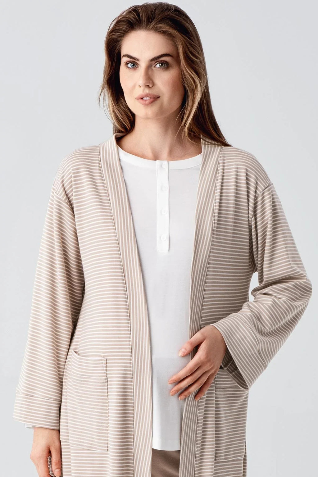 Striped Ruffled 3-Piece Maternity Feeding-Friendly Pajama & Robe Set Beige - S23103
