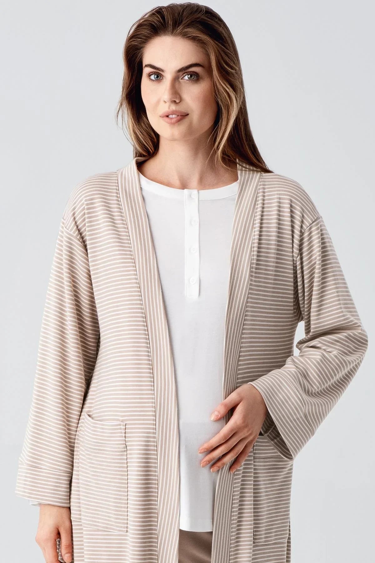 Striped Ruffled 3-Piece Maternity Feeding-Friendly Pajama & Robe Set Beige - S23103