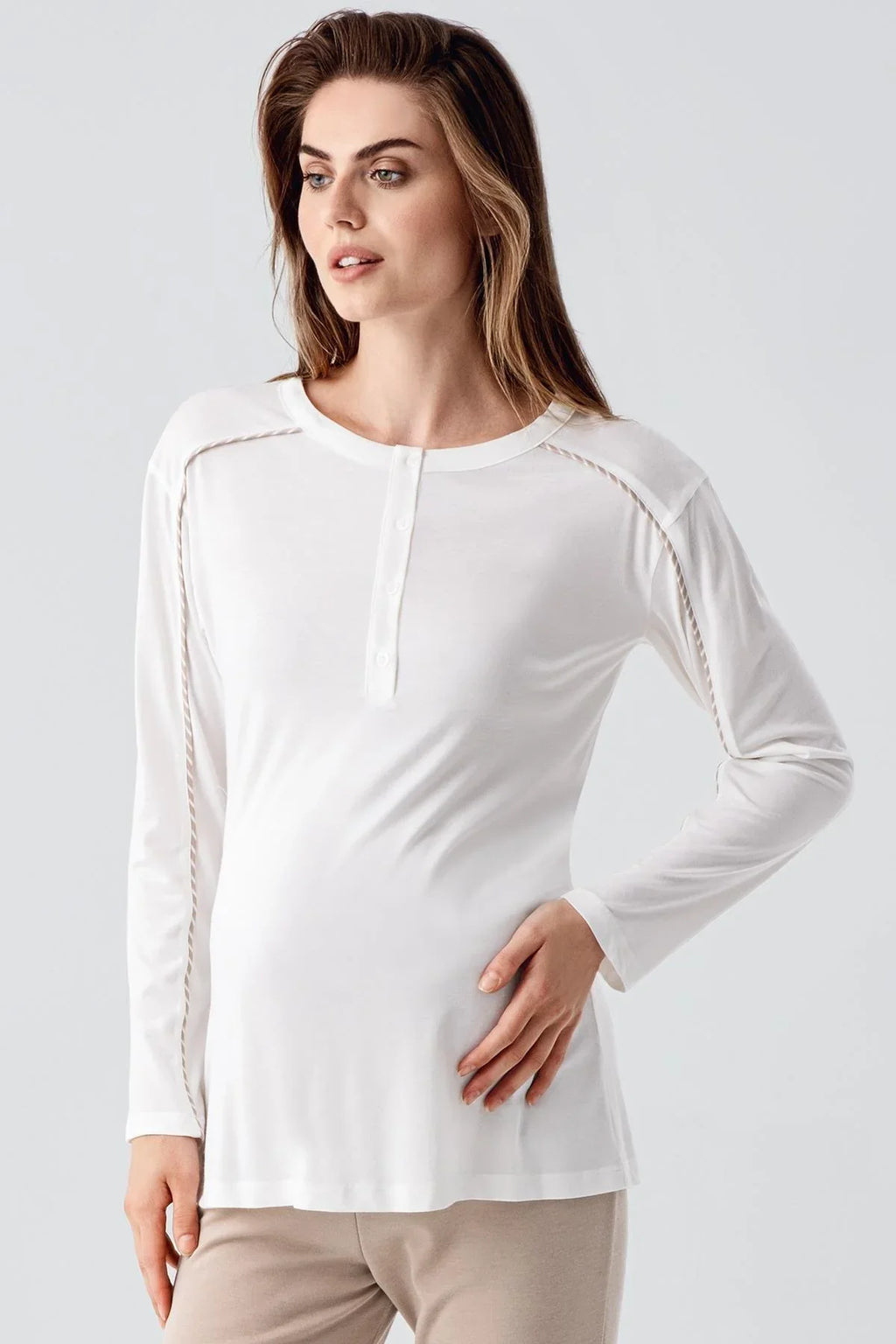 Striped Ruffled 3-Piece Maternity Feeding-Friendly Pajama & Robe Set Beige - S23103