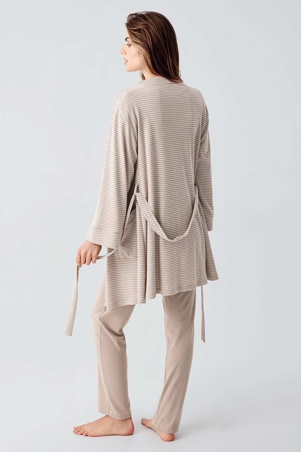 Striped Ruffled 3-Piece Maternity Feeding-Friendly Pajama & Robe Set Beige - S23103