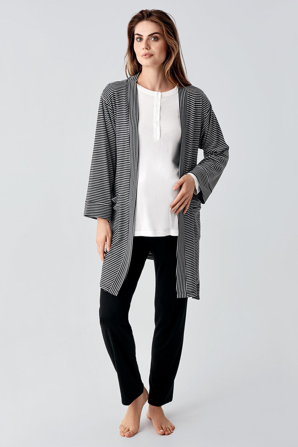 Striped Ruffled 3-Piece Maternity Feeding-Friendly Pajama & Robe Set Black - S23103