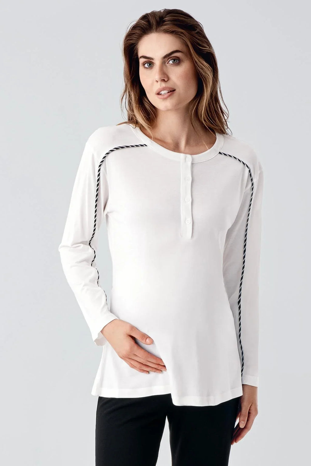 Striped Ruffled 3-Piece Maternity Feeding-Friendly Pajama & Robe Set Black - S23103