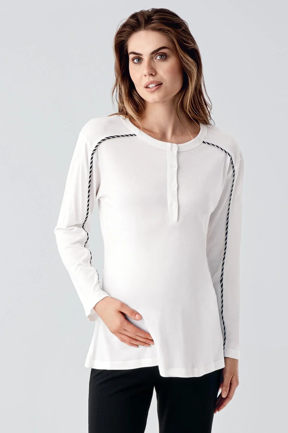 Striped Ruffled 3-Piece Maternity Feeding-Friendly Pajama & Robe Set Black - S23103