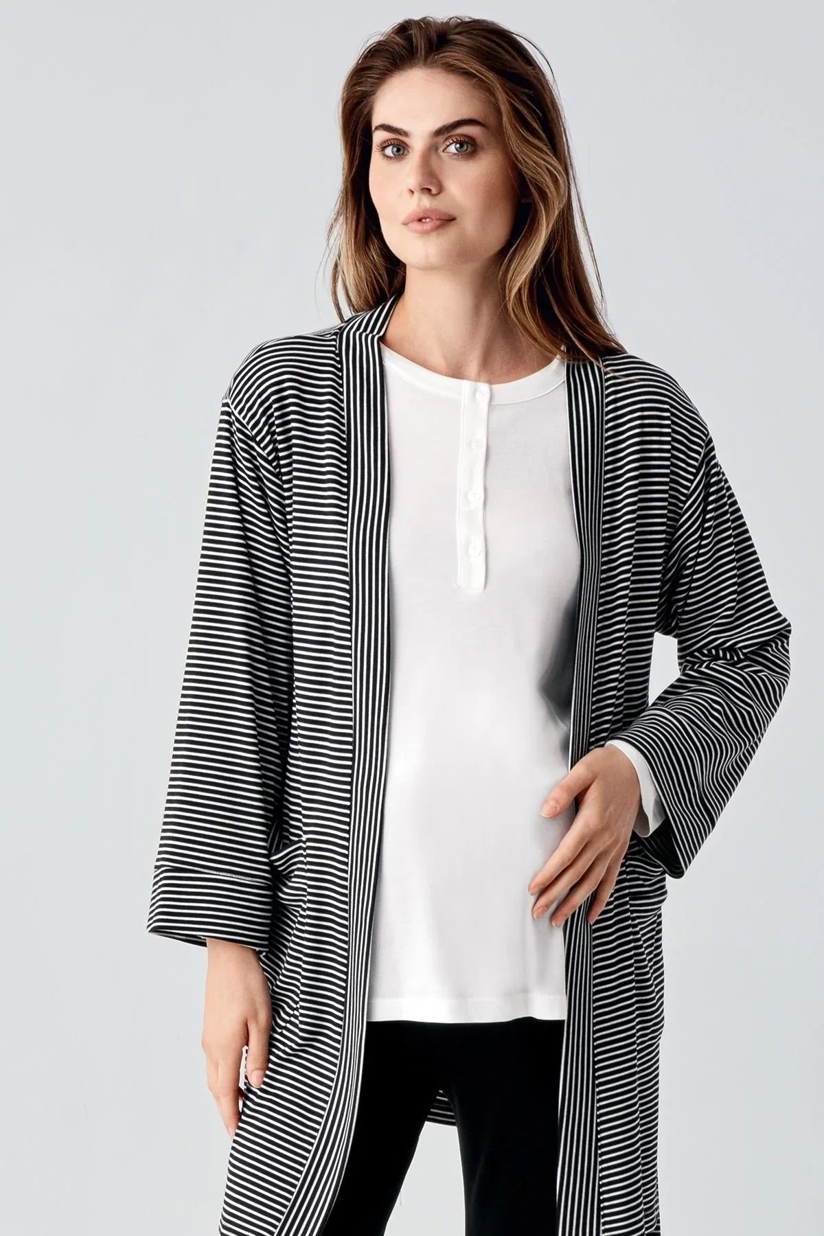Striped Ruffled 3-Piece Maternity Feeding-Friendly Pajama & Robe Set Black - S23103