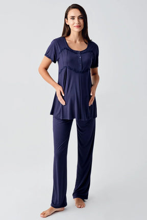 Lace Collar 3-Piece Maternity-Nursing Pajama & Flywheel Arm Robe Set Navy Blue - 23104