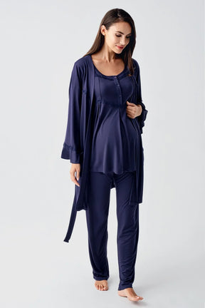 Lace Collar 3-Piece Maternity-Nursing Pajama & Flywheel Arm Robe Set Navy Blue - 23104