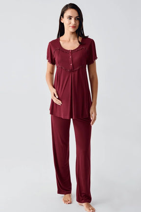 Lace Collar 3-Piece Maternity-Nursing Pajama & Flywheel Arm Robe Set Claret Red - 23104