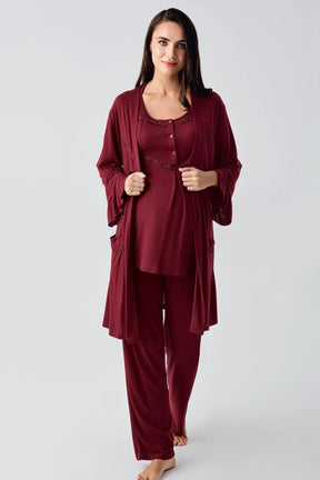 Lace Collar 3-Piece Maternity-Nursing Pajama & Flywheel Arm Robe Set Claret Red - 23104